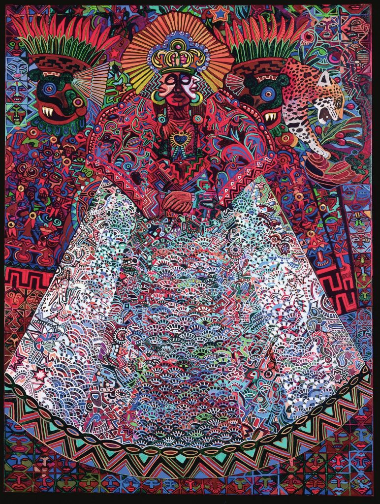 Alfredo Arreguín’s painting “La Malinche (con Tlaloc),” 1993, shows the figure of Malinche blending in with depictions of the Aztec god of rain and fertility. (Rob Vinedge Photo / Alfredo Arreguin )