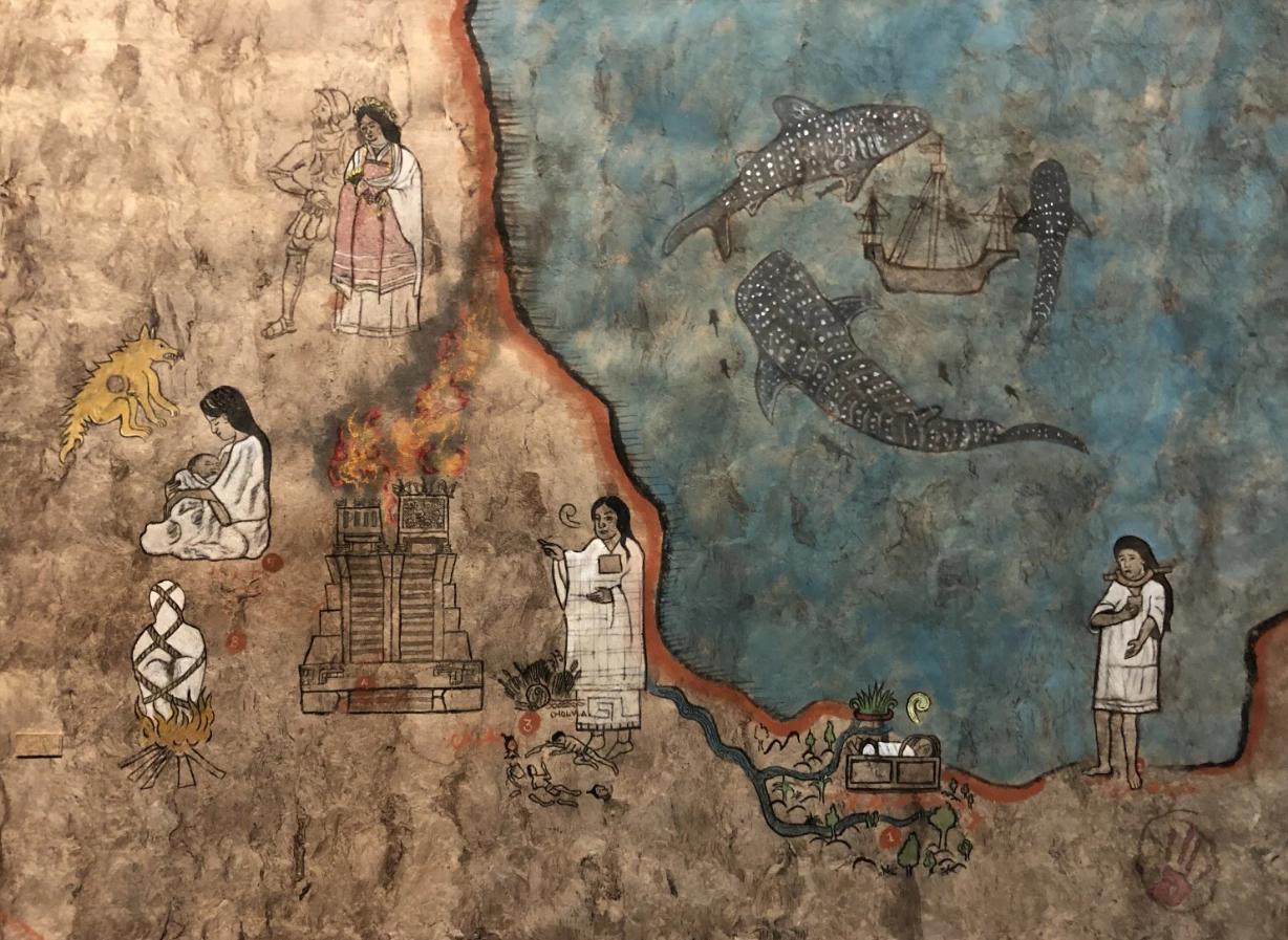 A detail from "Mapa for Malinalli Tenepal / Malintzin / Malinche / Doña Marina," 2021, by L.A. artist Sandy Rodriguez, shows Malinche at various life stages. (Carolina A. Miranda / Los Angeles Times)